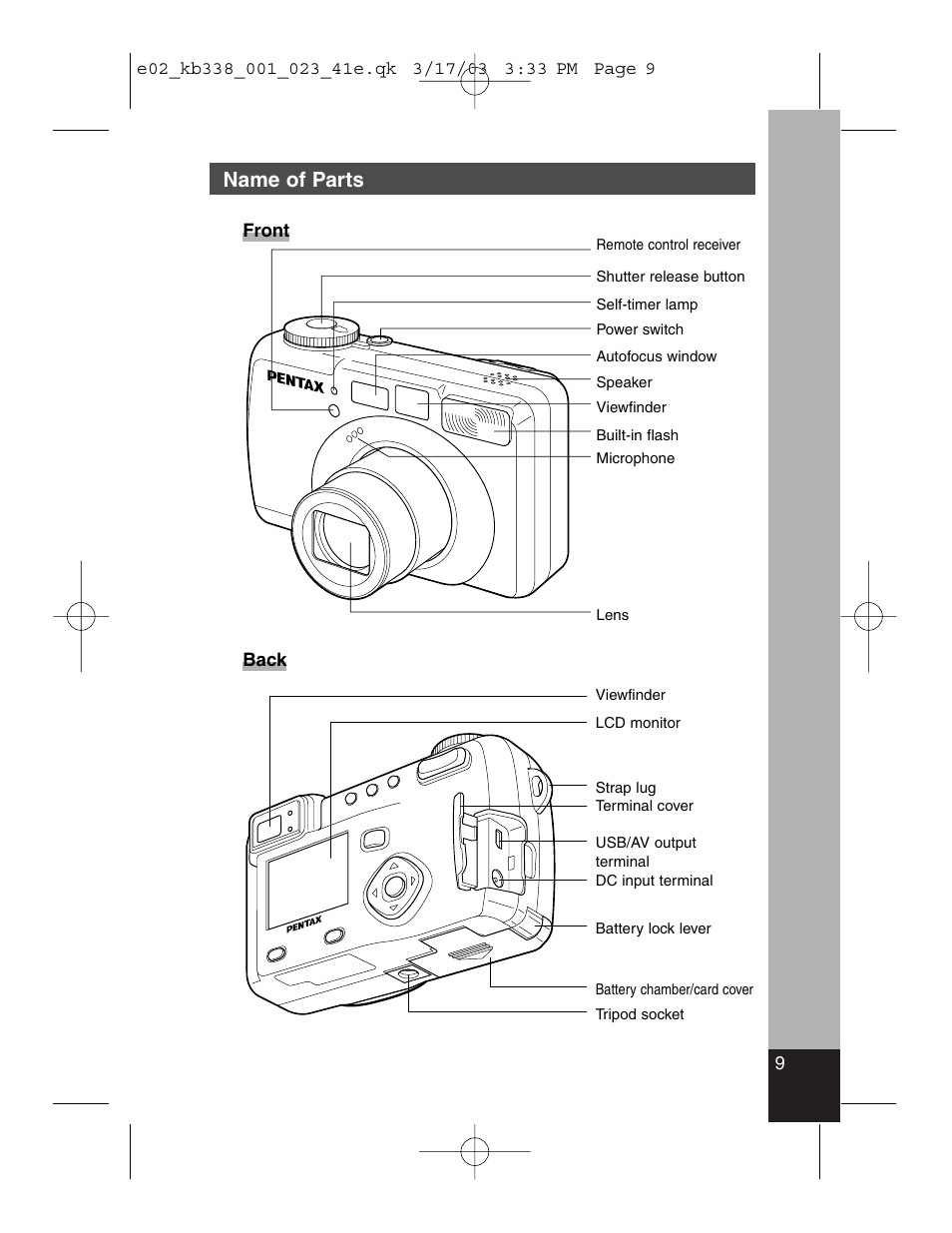 Name of parts | Pentax Optiio550 User Manual | Page 11 / 40