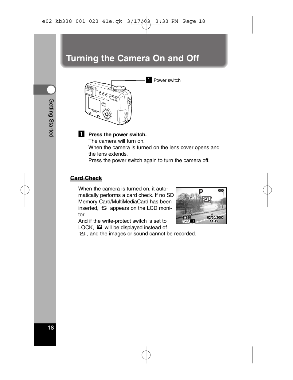 Turning the camera on and off | Pentax Optiio550 User Manual | Page 20 / 40