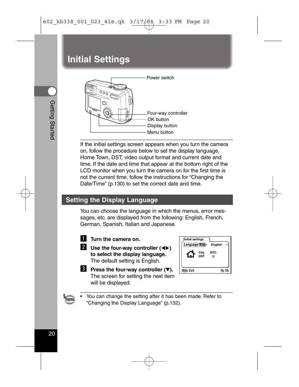 Initial settings, Setting the display language | Pentax Optiio550 User Manual | Page 22 / 40