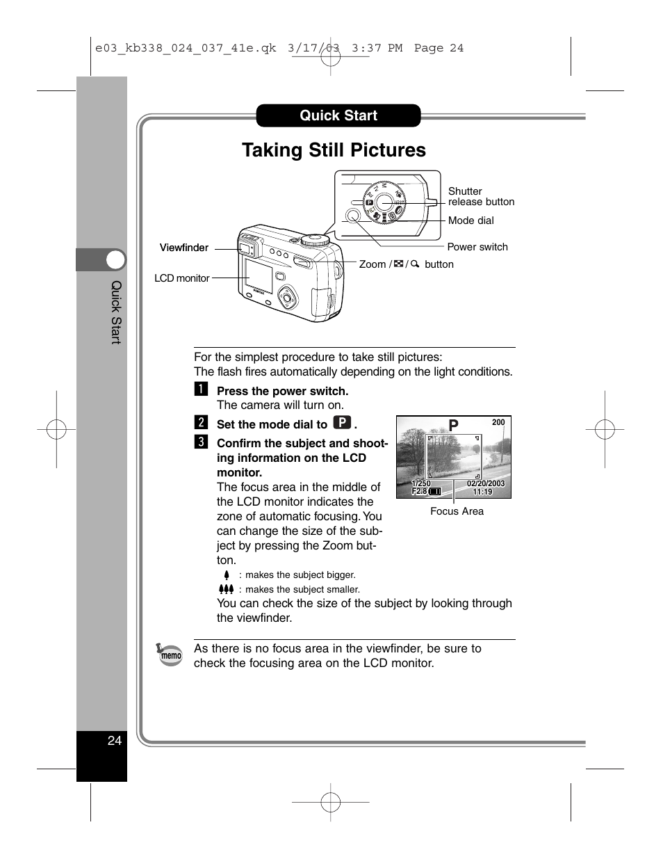 Taking still pictures, Quick start | Pentax Optiio550 User Manual | Page 26 / 40