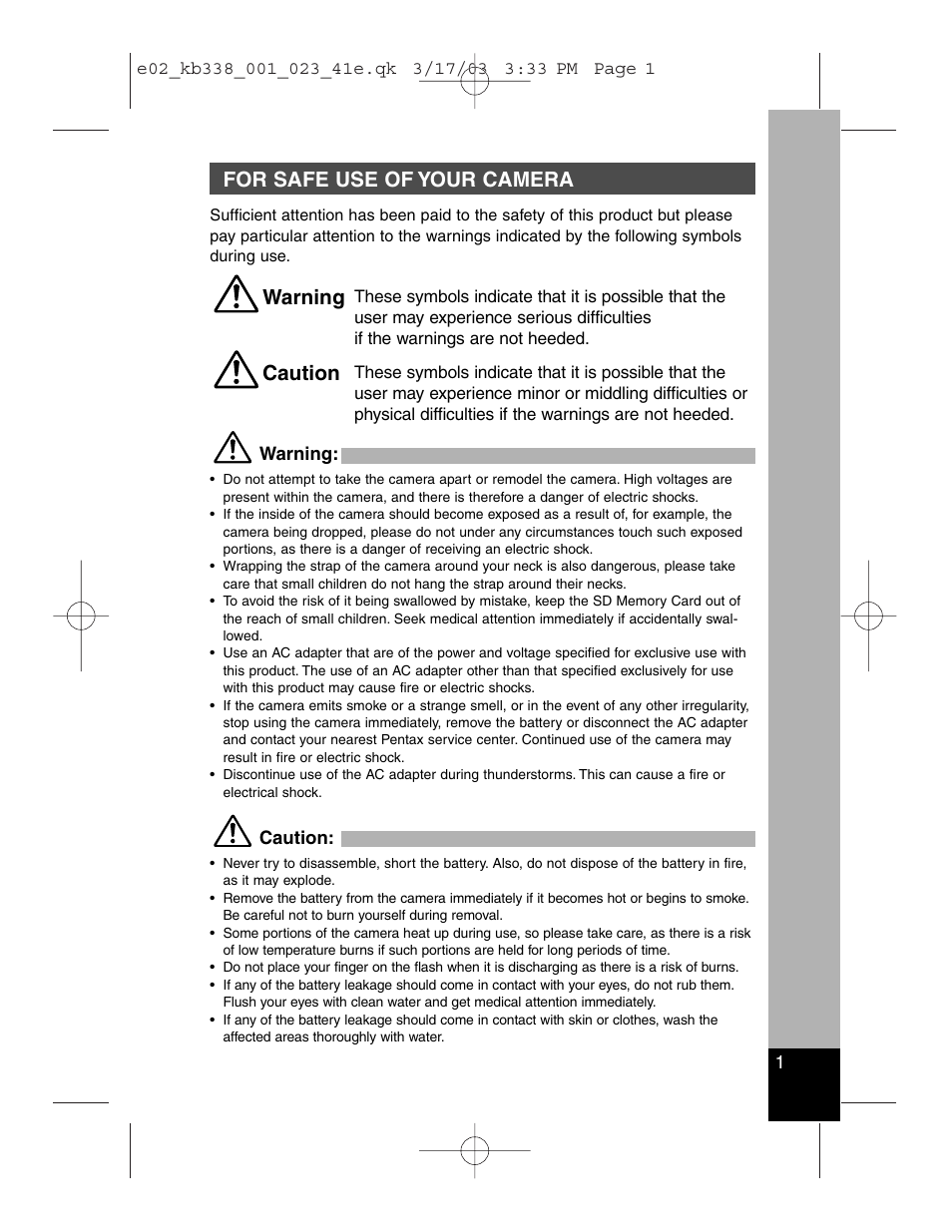 For safe use of your camera, Warning, Caution | Pentax Optiio550 User Manual | Page 3 / 40