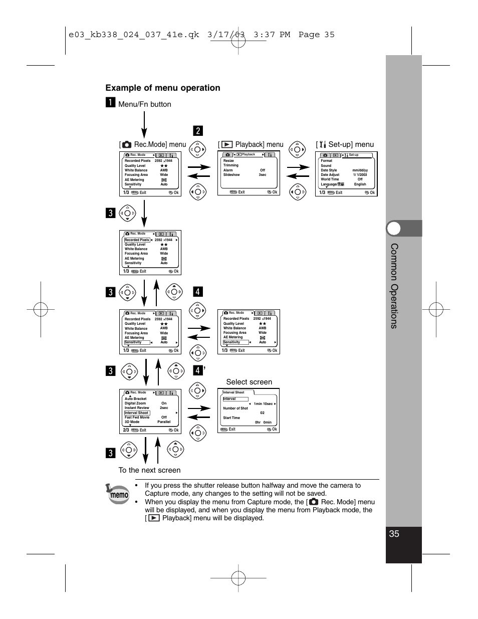 Cv c c v, 35 common oper ations, Example of menu operation | Menu/fn button, Rec.mode] menu to the next screen select screen, Set-up] menu [ playback] menu | Pentax Optiio550 User Manual | Page 37 / 40