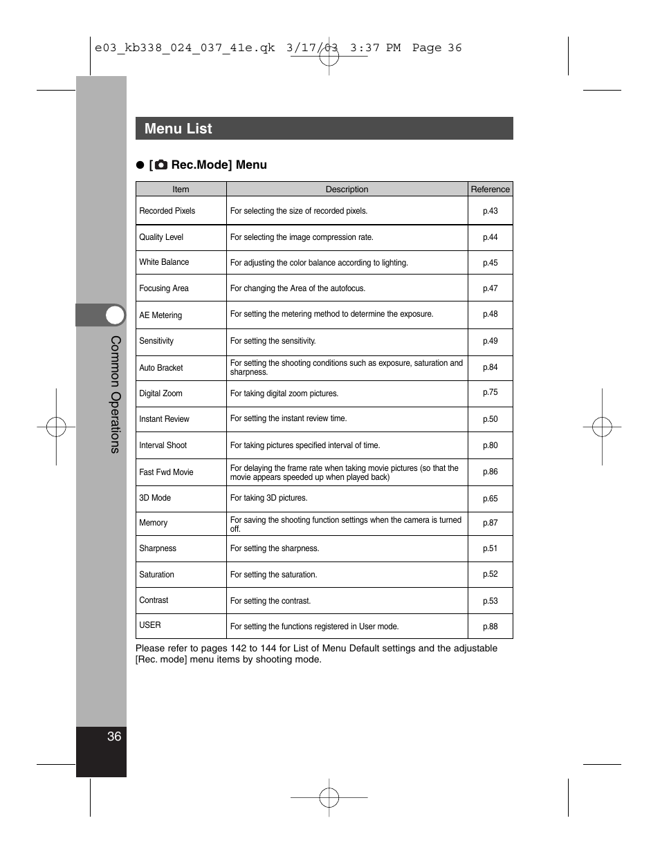 Menu list, 36 common oper ations, Rec.mode] menu | Pentax Optiio550 User Manual | Page 38 / 40