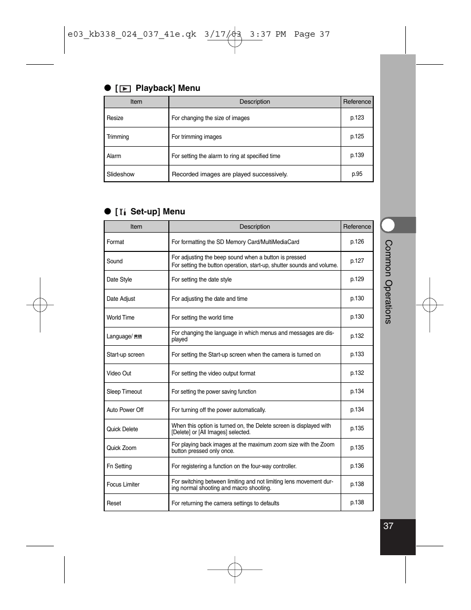37 common oper ations b, Playback] menu, Set-up] menu | Pentax Optiio550 User Manual | Page 39 / 40