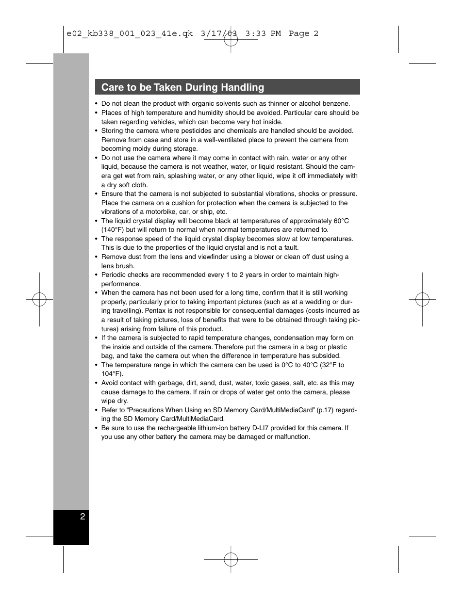 Care to be taken during handling | Pentax Optiio550 User Manual | Page 4 / 40