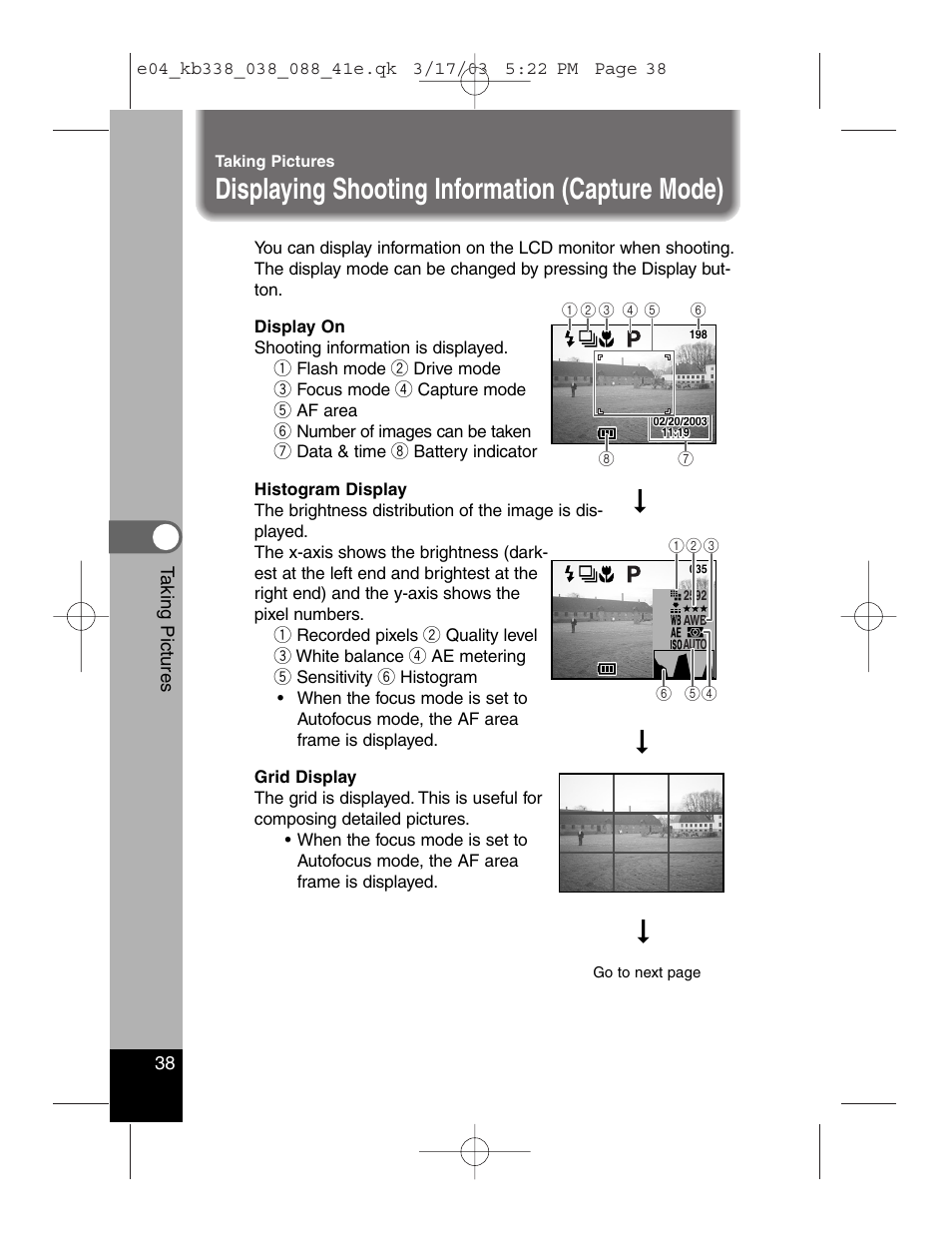 Displaying shooting information (capture mode) | Pentax Optiio550 User Manual | Page 40 / 40