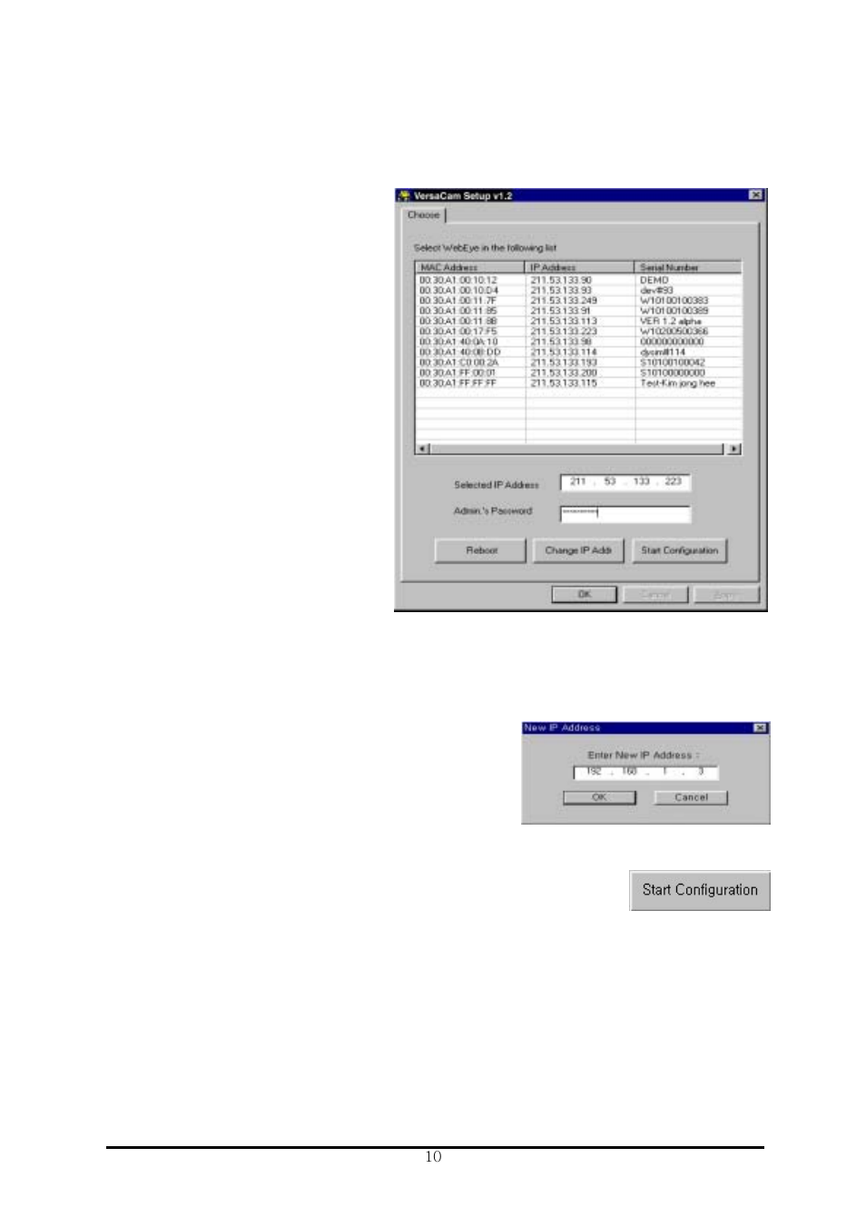 B. assigning an ip address and configuring admini, 1) starting the versacam ic series setup program, 2\) assigning a versacam’s ip address | 3\) configuring administrator’s data, 2) assigning a versacam’s ip address, 3) configuring administrator’s data | Pentax IC-360 User Manual | Page 16 / 68