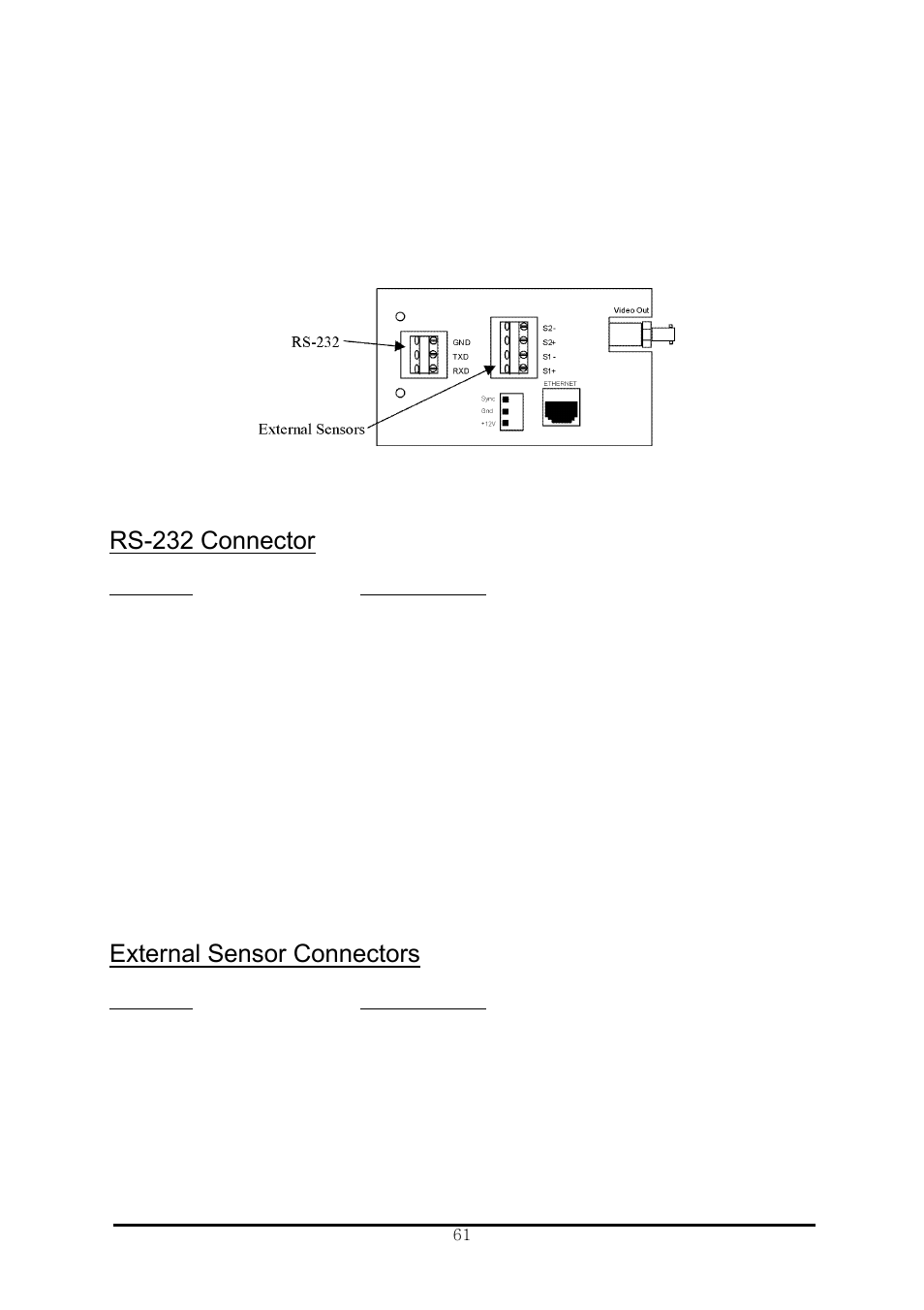Rs-232 connector, External sensor connectors | Pentax IC-360 User Manual | Page 67 / 68