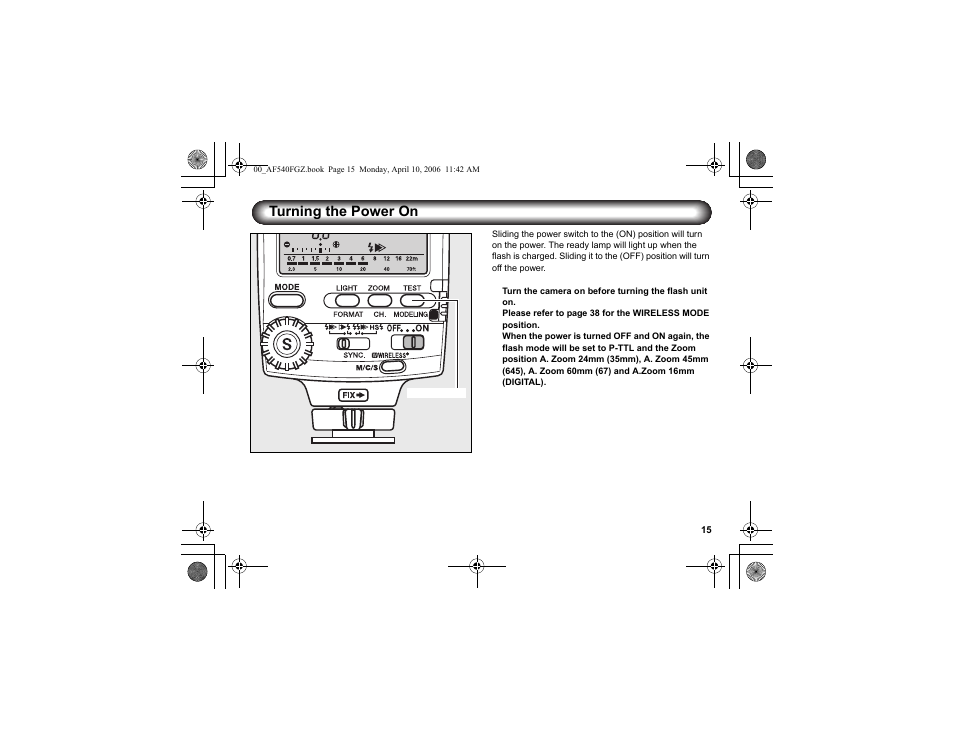 Turning the power on | Pentax AF540FGZ User Manual | Page 17 / 96