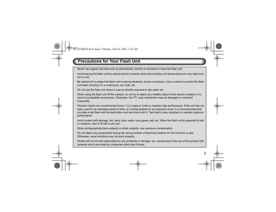 Precautions for your flash unit | Pentax AF540FGZ User Manual | Page 5 / 96