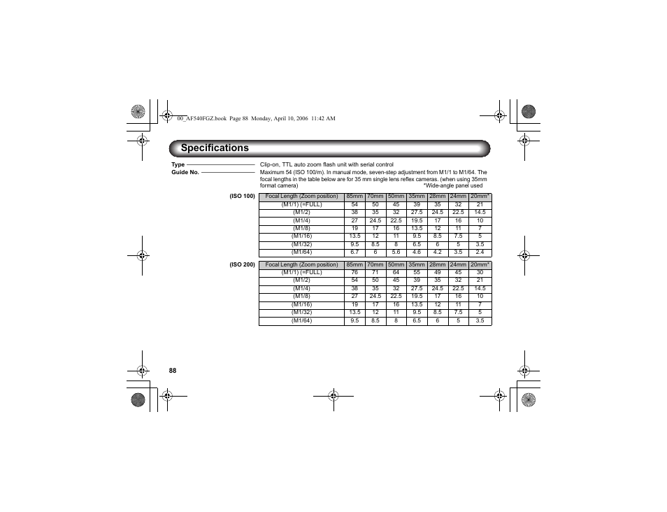 Specifications | Pentax AF540FGZ User Manual | Page 90 / 96