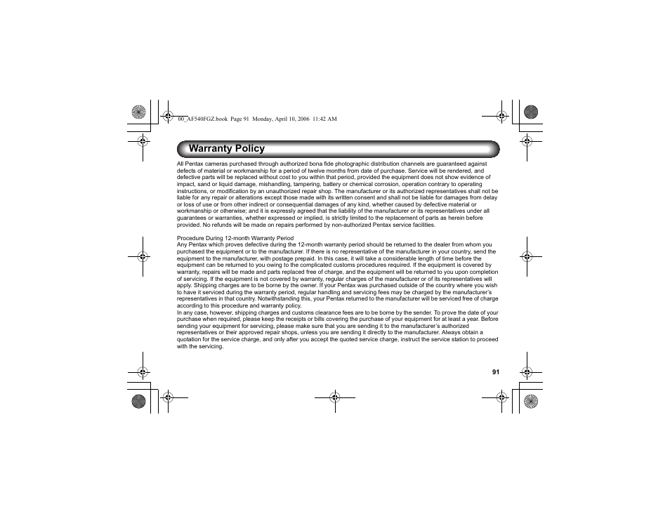 Warranty policy | Pentax AF540FGZ User Manual | Page 93 / 96