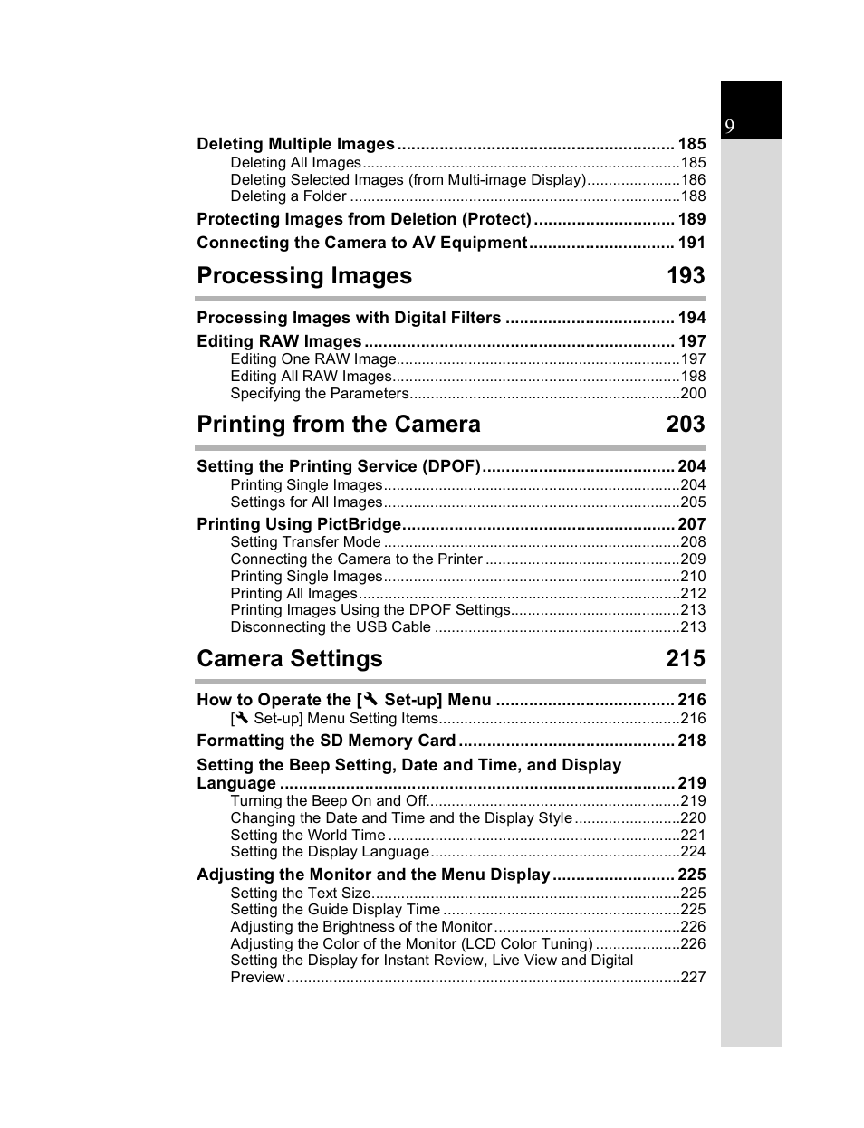 Processing images 193, Printing from the camera 203, Camera settings 215 | Pentax K20D User Manual | Page 10 / 286