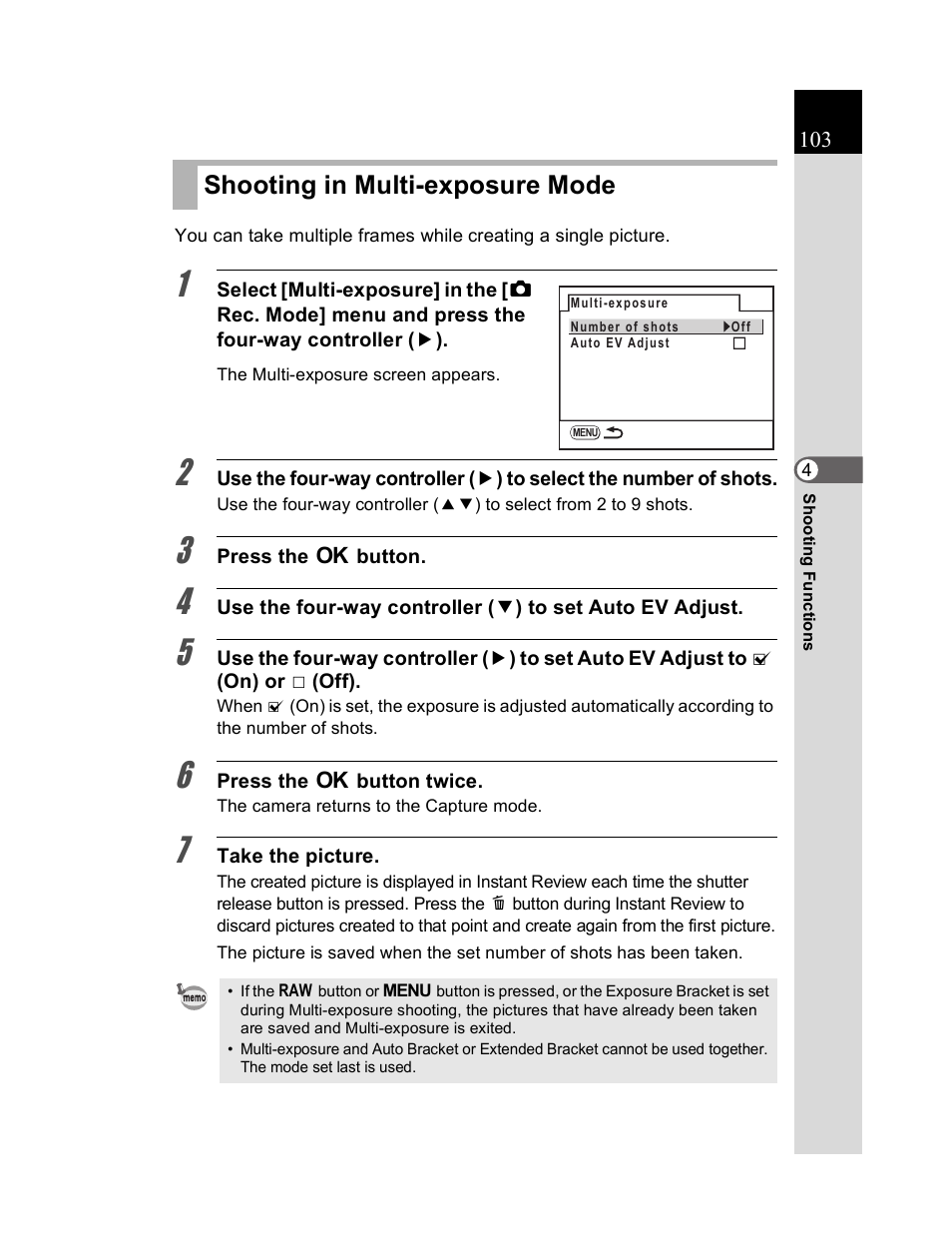 Shooting in multi-exposure mode | Pentax K20D User Manual | Page 104 / 286