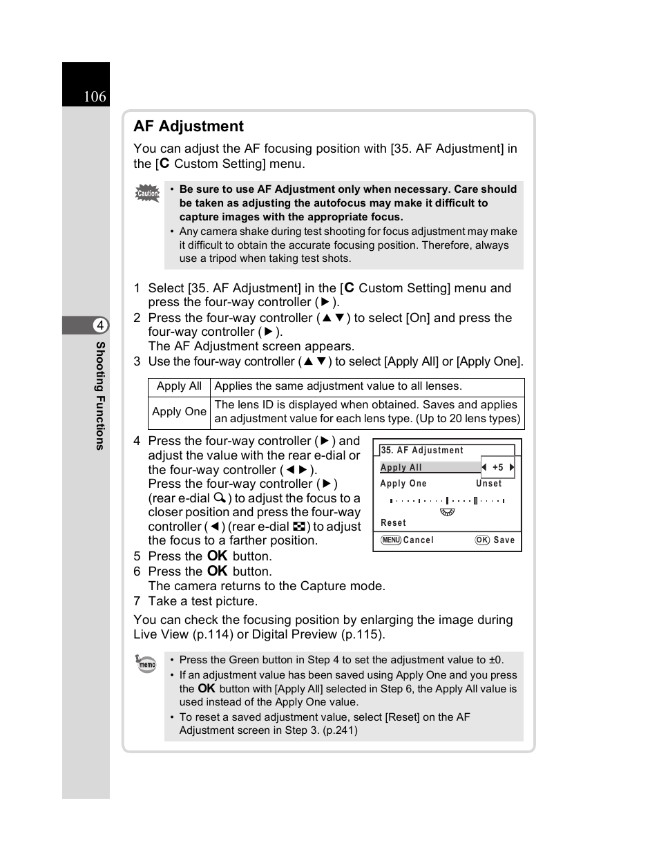 Af adjustment | Pentax K20D User Manual | Page 107 / 286