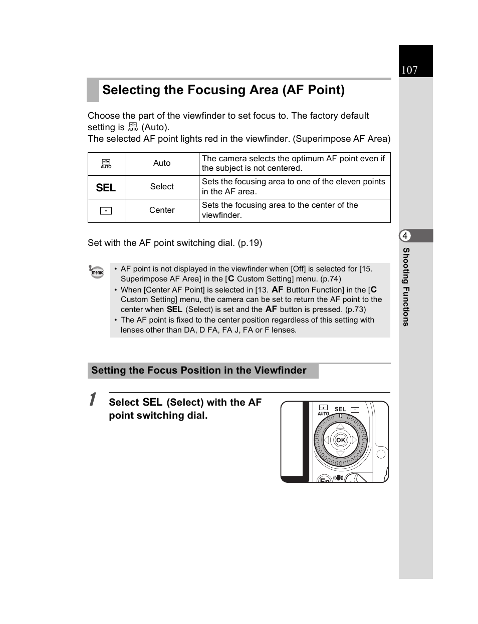 Selecting the focusing area (af point) | Pentax K20D User Manual | Page 108 / 286