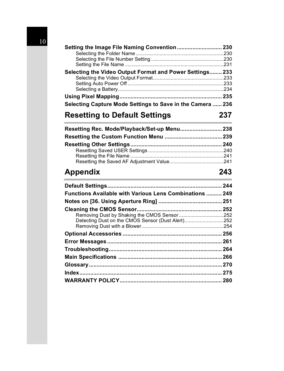 Resetting to default settings 237, Appendix 243 | Pentax K20D User Manual | Page 11 / 286