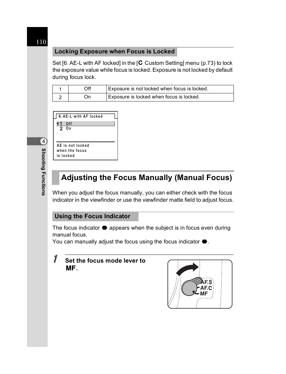 Adjusting the focus manually (manual focus) | Pentax K20D User Manual | Page 111 / 286