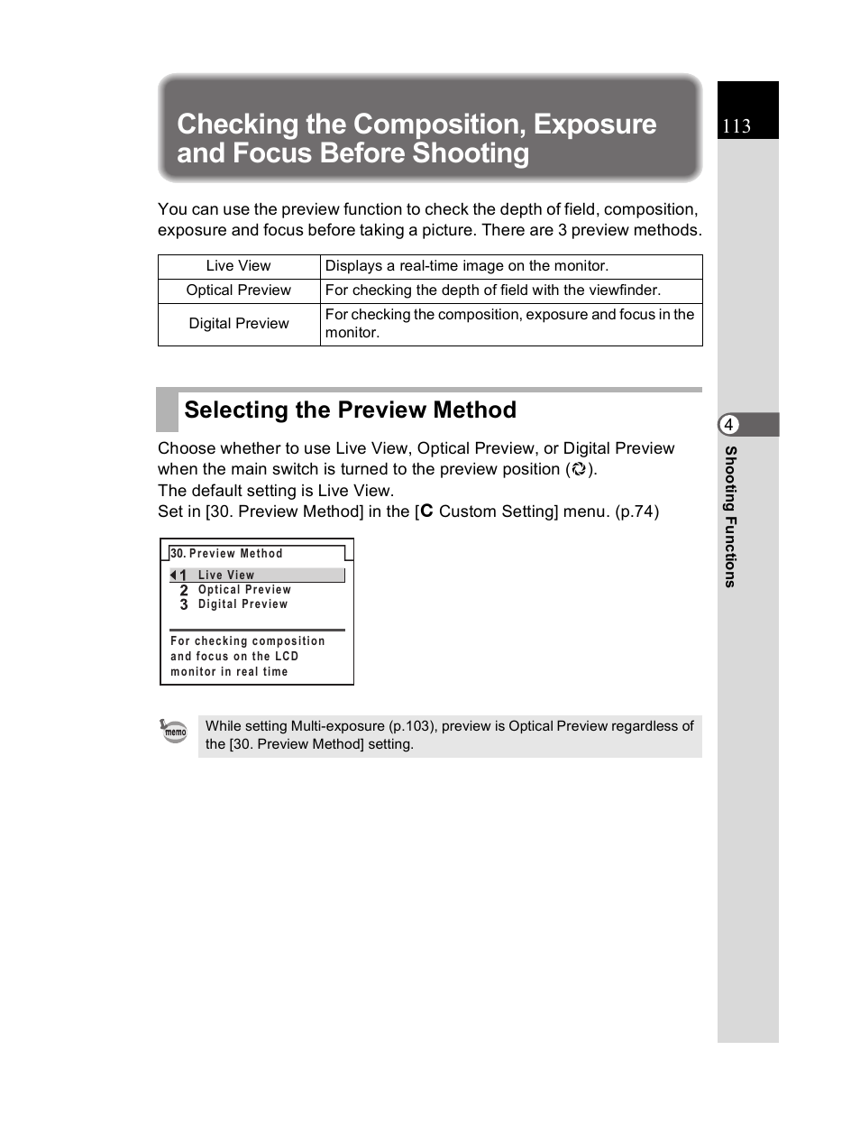 Selecting the preview method | Pentax K20D User Manual | Page 114 / 286