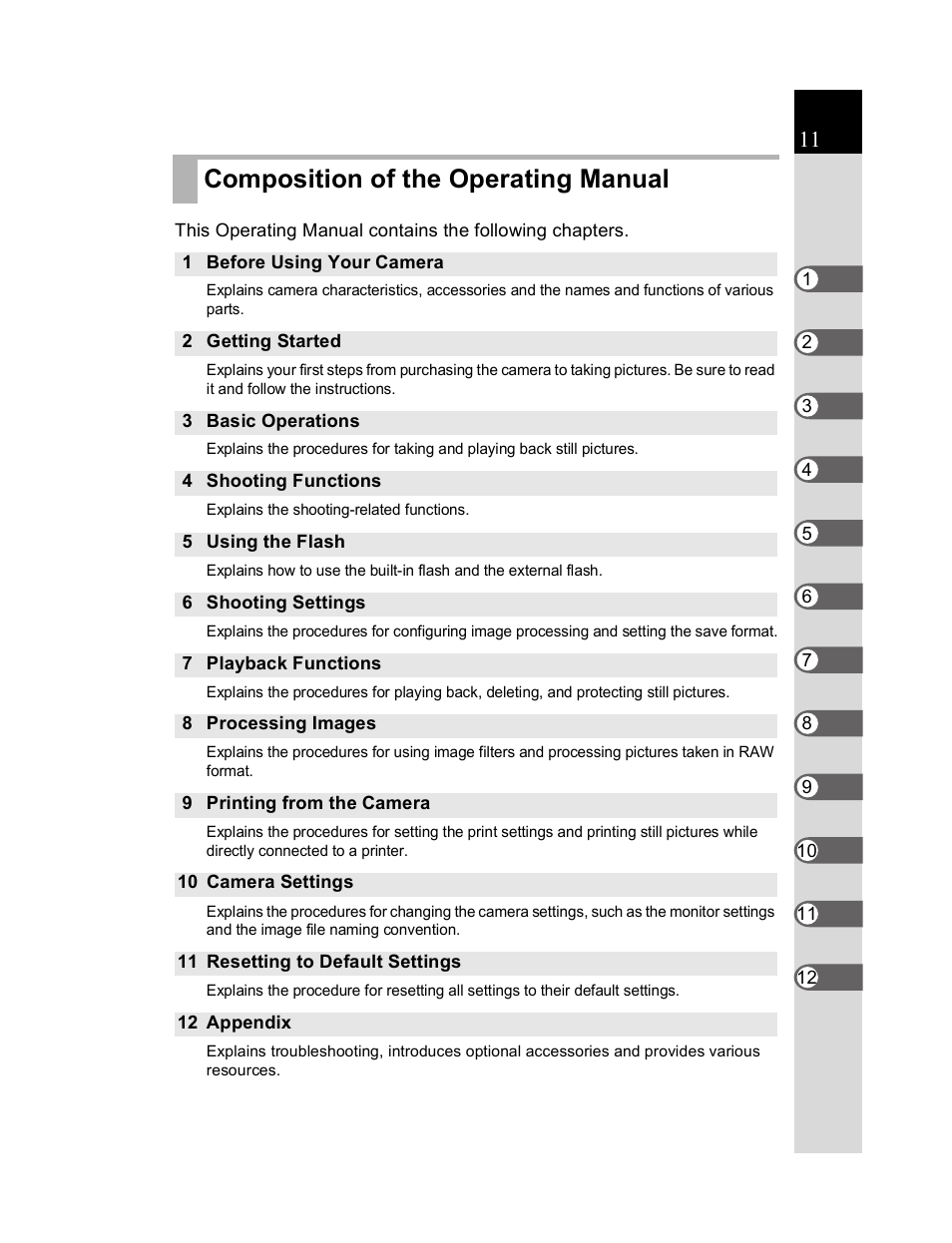 Composition of the operating manual | Pentax K20D User Manual | Page 12 / 286