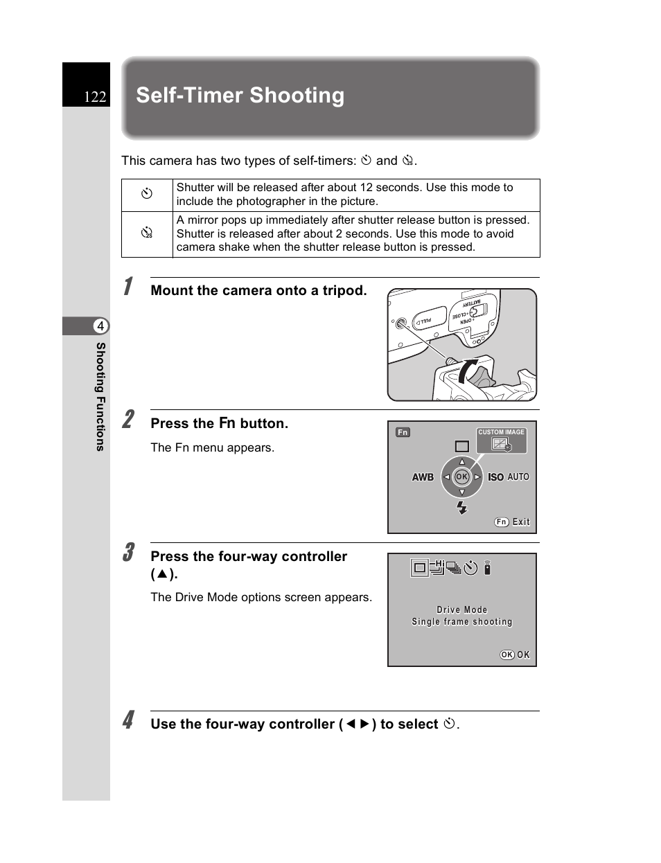 Self-timer shooting | Pentax K20D User Manual | Page 123 / 286