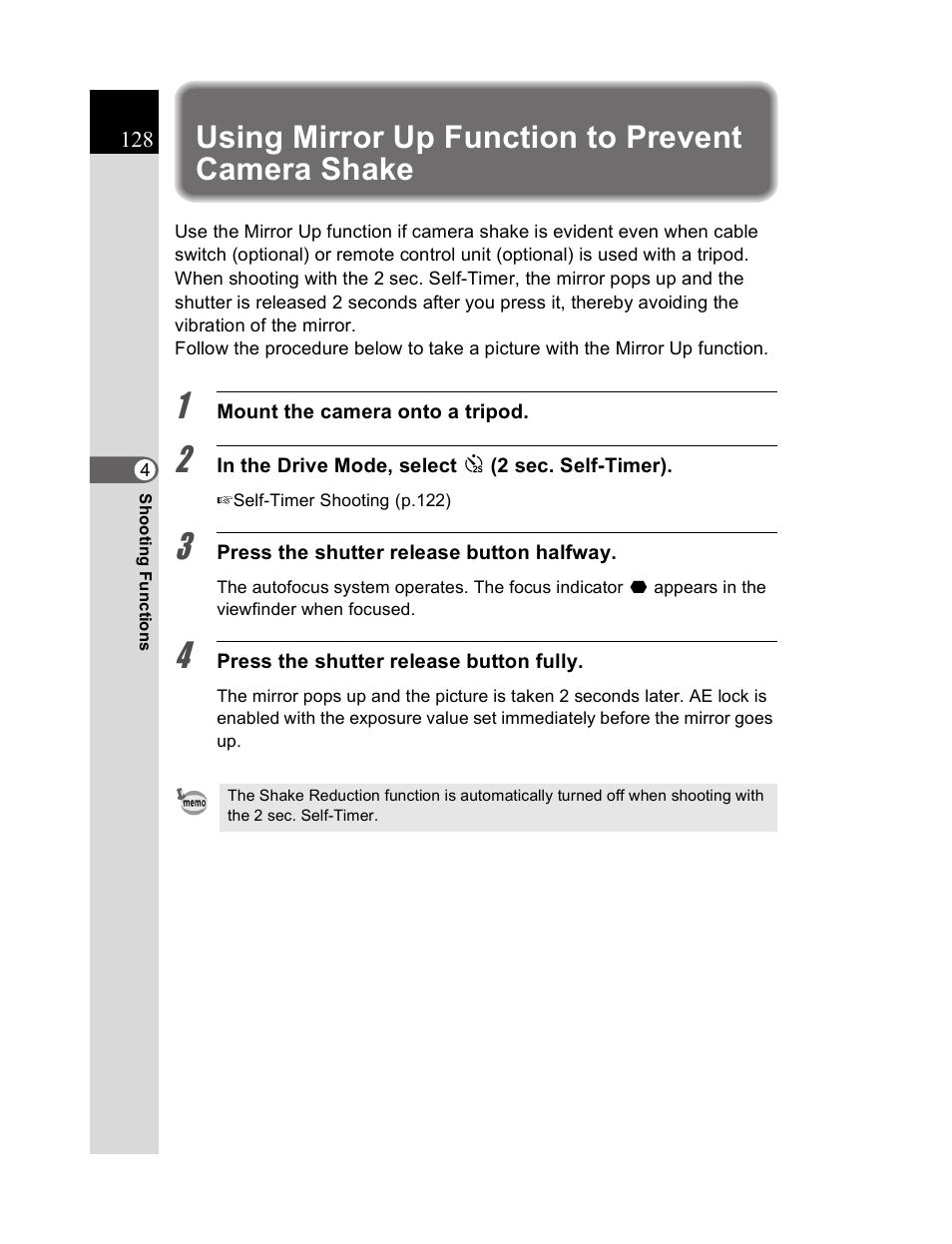 Using mirror up function to prevent camera shake | Pentax K20D User Manual | Page 129 / 286