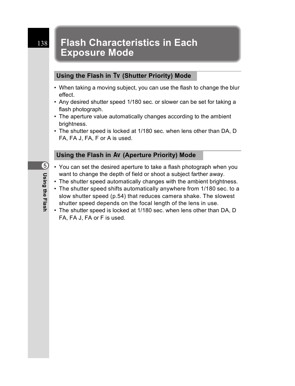 Flash characteristics in each exposure mode | Pentax K20D User Manual | Page 139 / 286