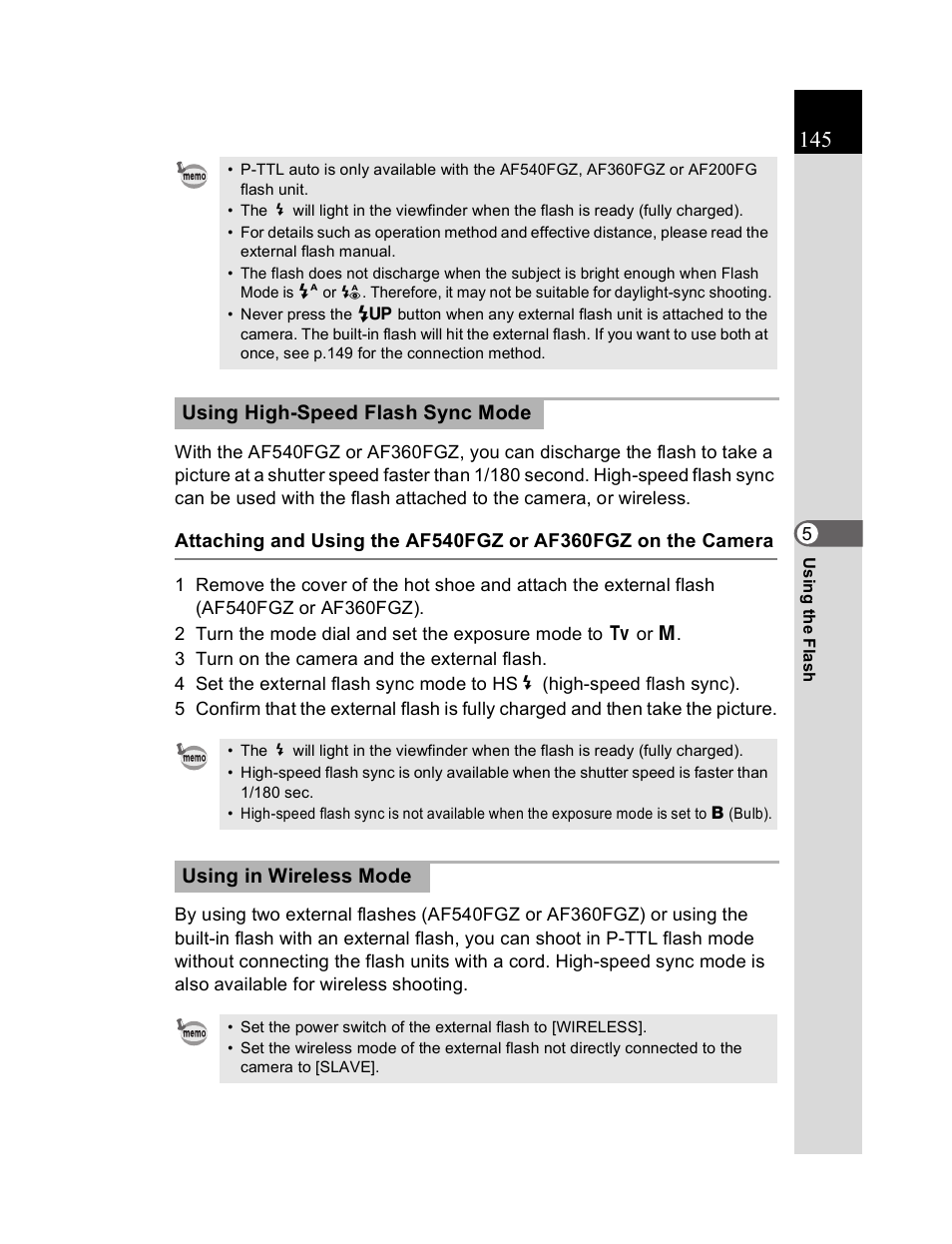 Using high-speed flash sync mode, Using in wireless mode | Pentax K20D User Manual | Page 146 / 286