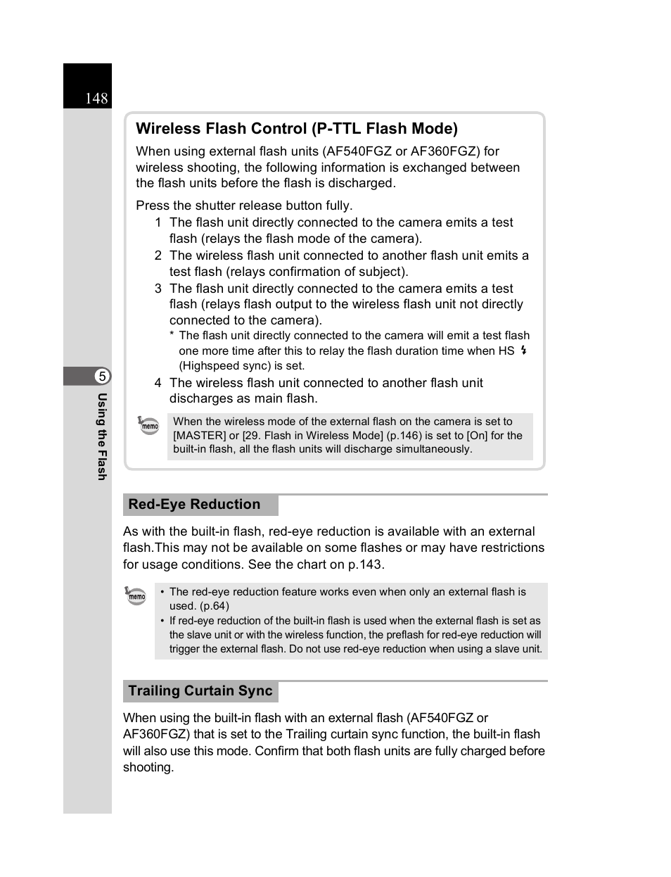 Wireless flash control (p-ttl flash mode) | Pentax K20D User Manual | Page 149 / 286