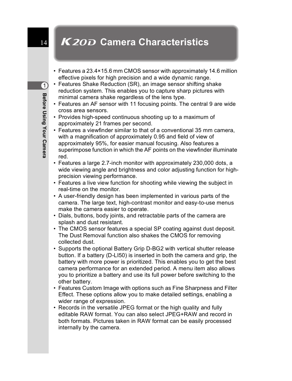 Ucamera characteristics | Pentax K20D User Manual | Page 15 / 286