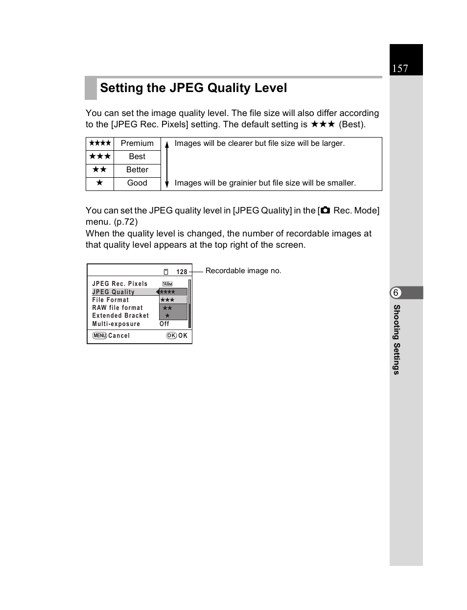 Setting the jpeg quality level | Pentax K20D User Manual | Page 158 / 286