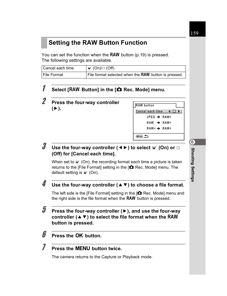 Setting the raw button function | Pentax K20D User Manual | Page 160 / 286