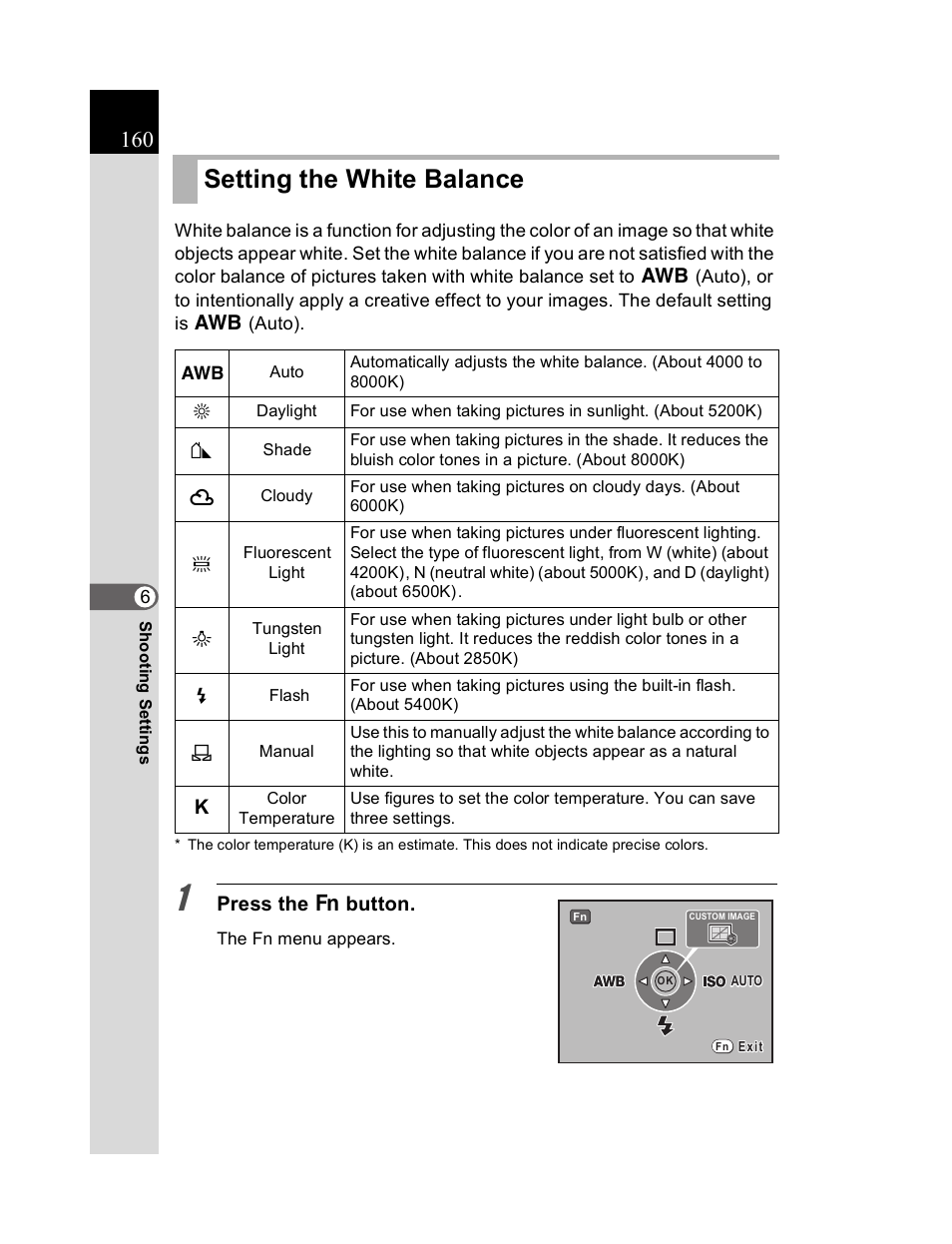 Setting the white balance | Pentax K20D User Manual | Page 161 / 286