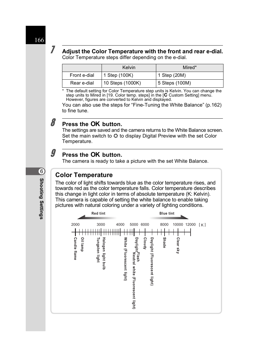 Color temperature, Press the 4 button | Pentax K20D User Manual | Page 167 / 286