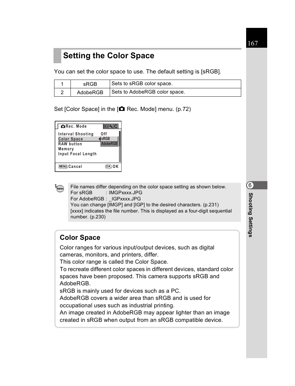 Setting the color space, Color space | Pentax K20D User Manual | Page 168 / 286