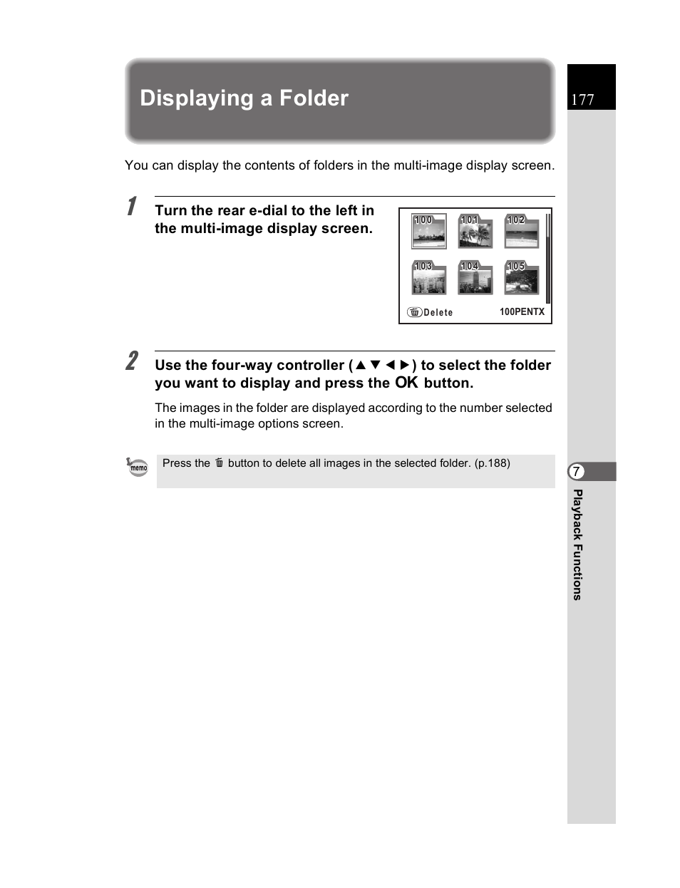 Displaying a folder | Pentax K20D User Manual | Page 178 / 286