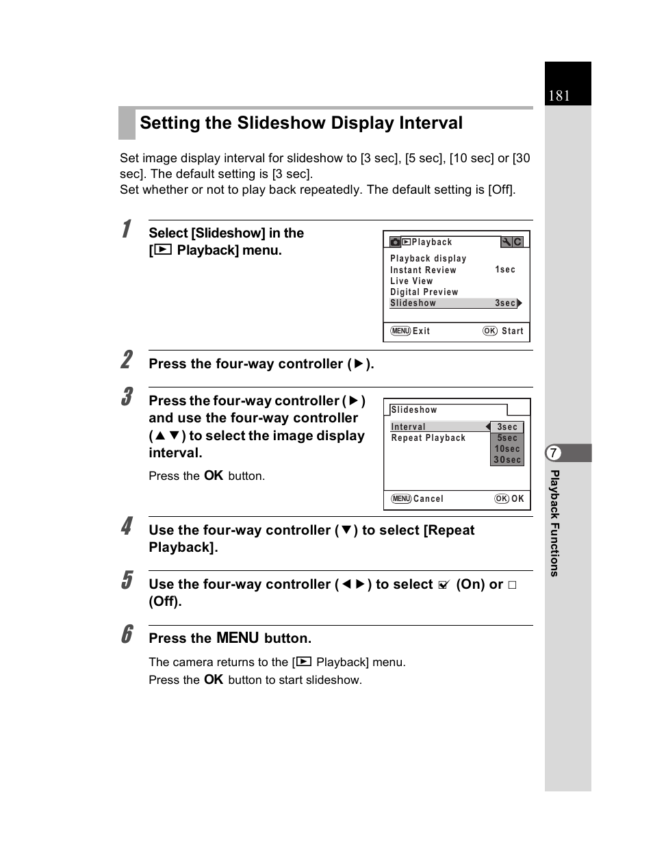 Setting the slideshow display interval | Pentax K20D User Manual | Page 182 / 286