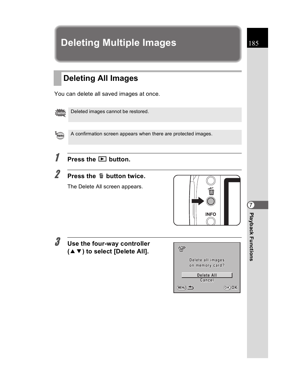 Deleting multiple images, Deleting all images | Pentax K20D User Manual | Page 186 / 286