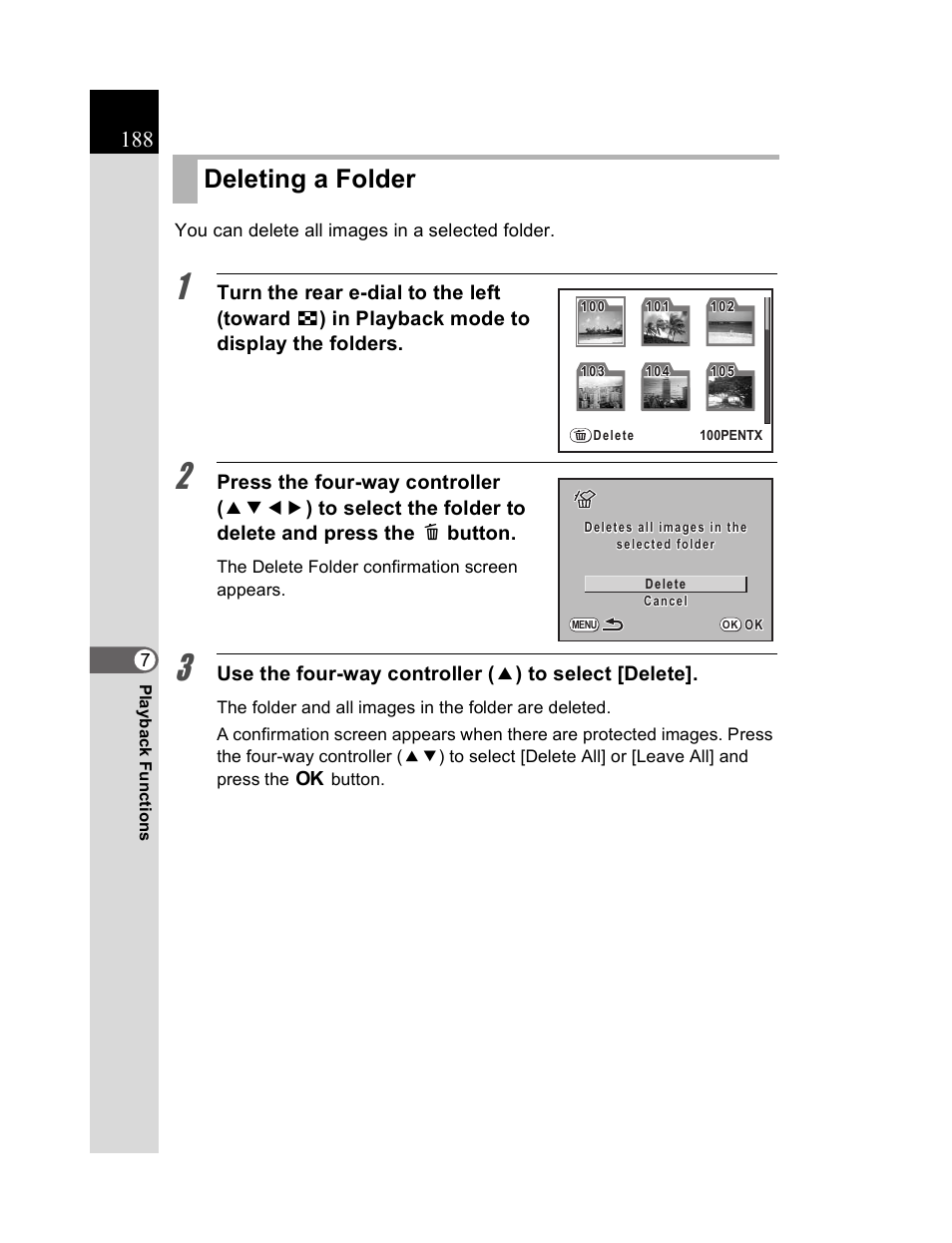 Deleting a folder | Pentax K20D User Manual | Page 189 / 286