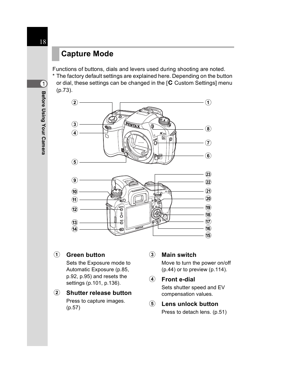 Capture mode | Pentax K20D User Manual | Page 19 / 286