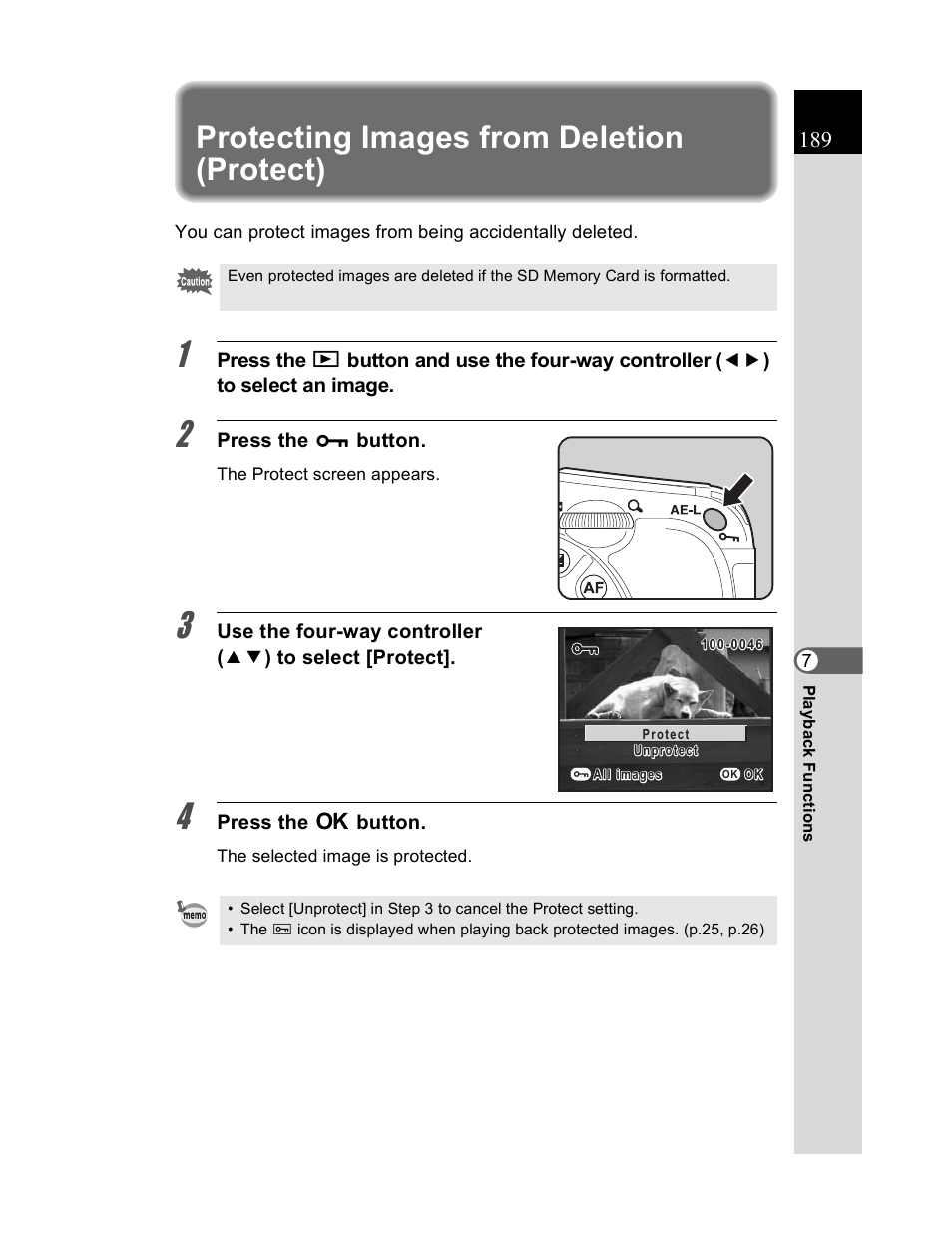 Protecting images from deletion (protect) | Pentax K20D User Manual | Page 190 / 286