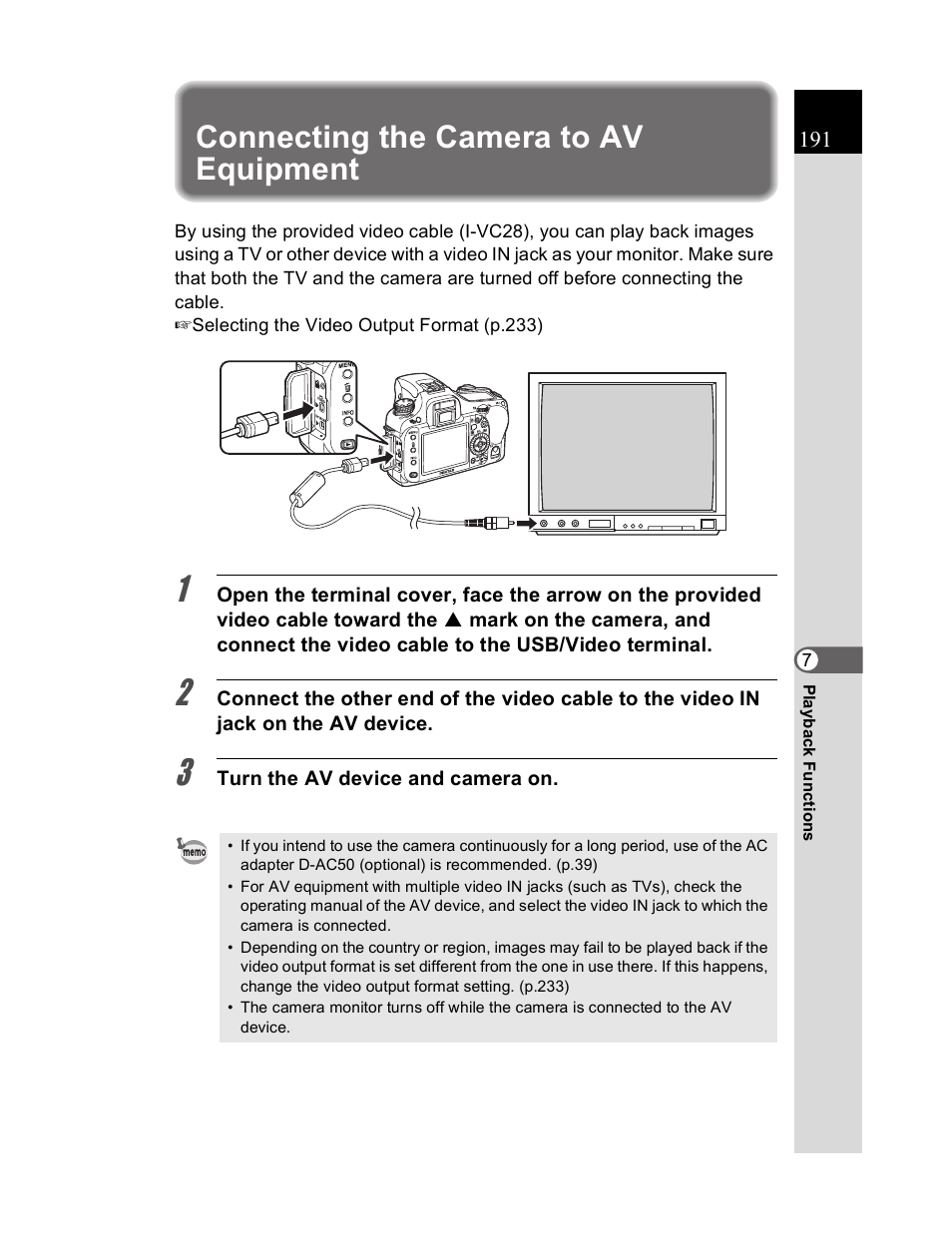 Connecting the camera to av equipment | Pentax K20D User Manual | Page 192 / 286