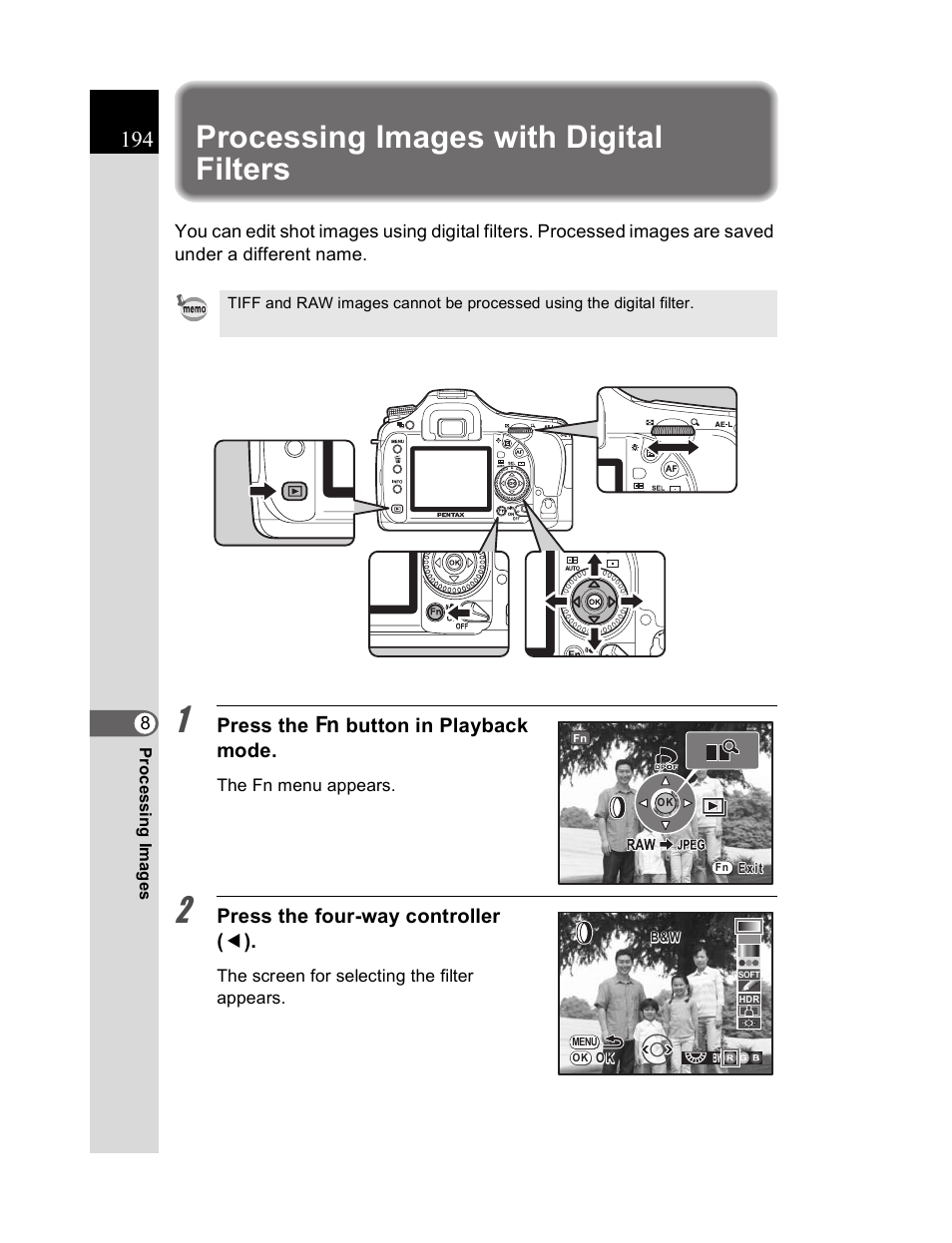 Processing images with digital filters | Pentax K20D User Manual | Page 195 / 286