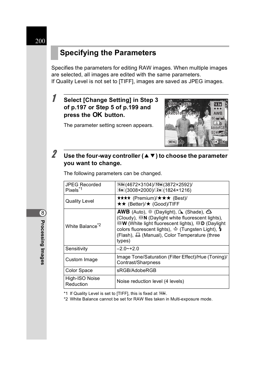 Specifying the parameters | Pentax K20D User Manual | Page 201 / 286