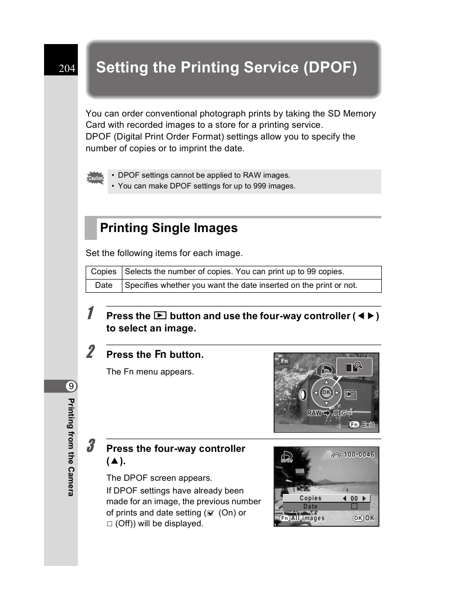 Setting the printing service (dpof), Printing single images | Pentax K20D User Manual | Page 205 / 286