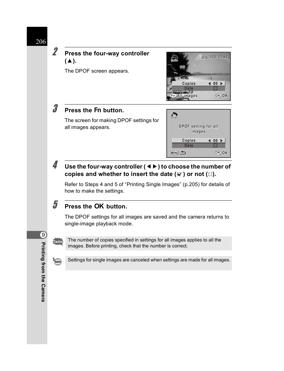 Press the four-way controller ( 2 ), Press the { button, Press the 4 button | Pentax K20D User Manual | Page 207 / 286