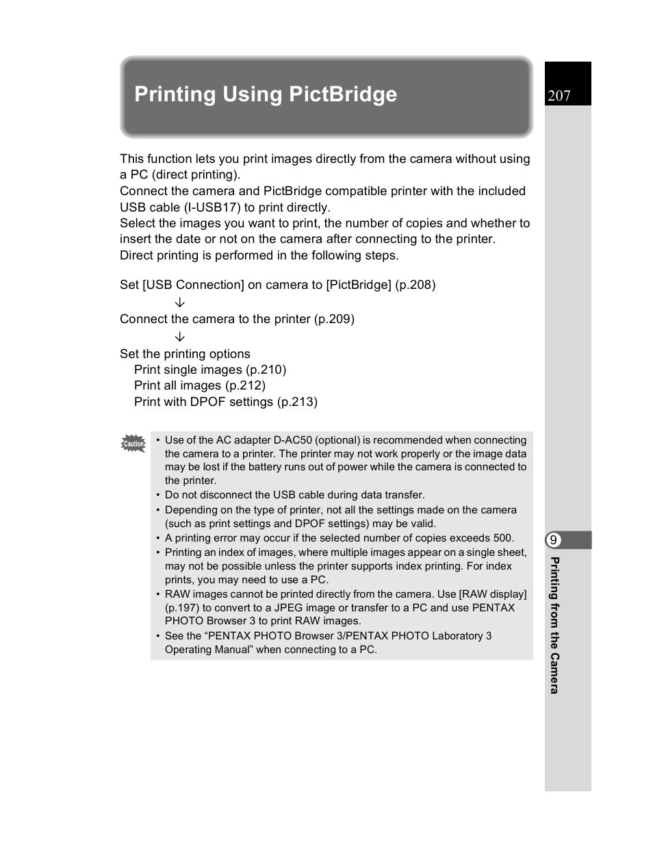 Printing using pictbridge | Pentax K20D User Manual | Page 208 / 286