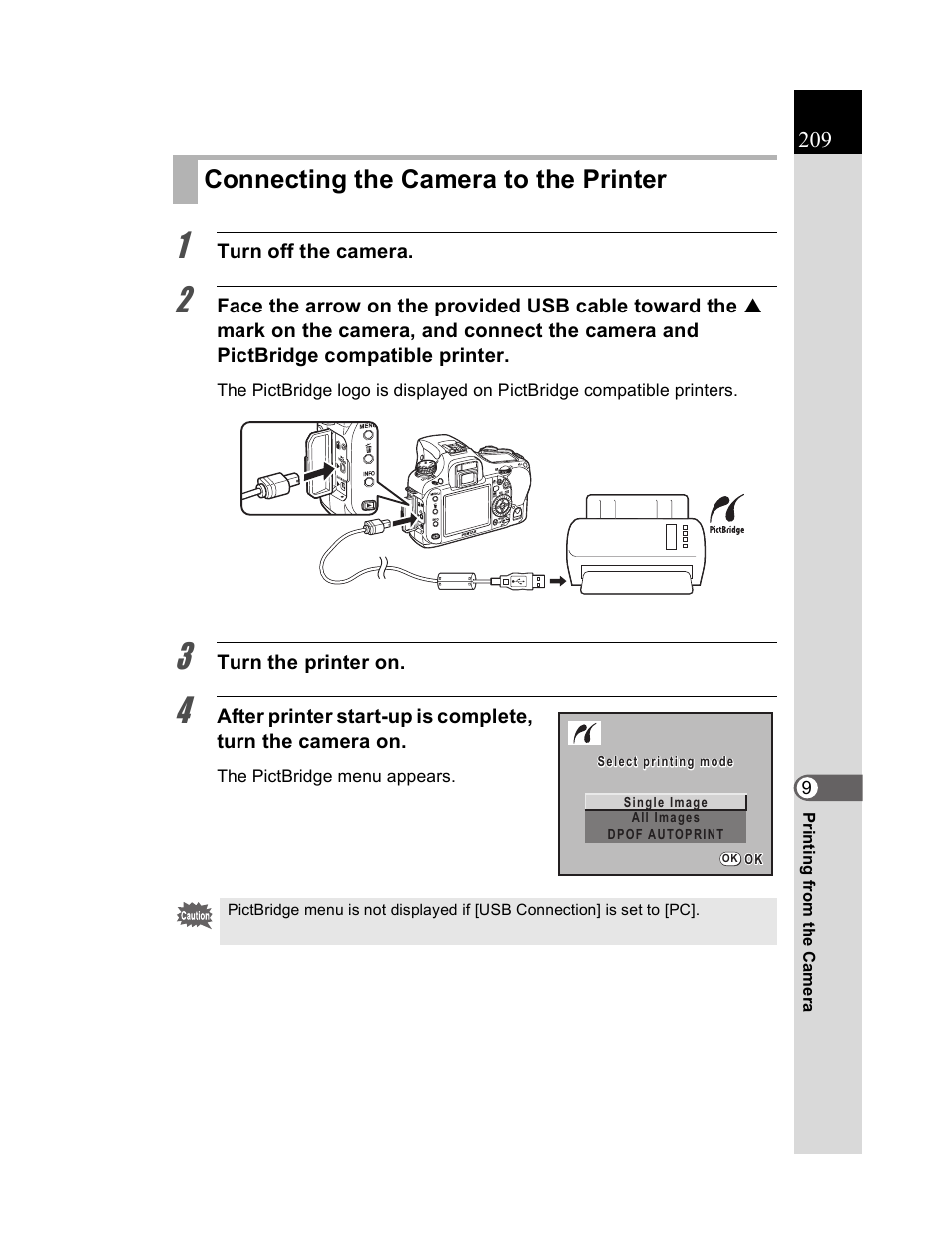 Connecting the camera to the printer | Pentax K20D User Manual | Page 210 / 286