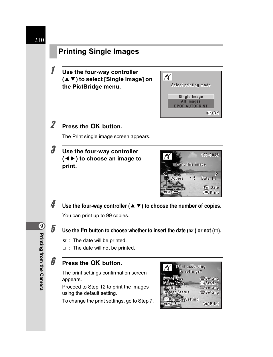 Printing single images, Press the 4 button | Pentax K20D User Manual | Page 211 / 286