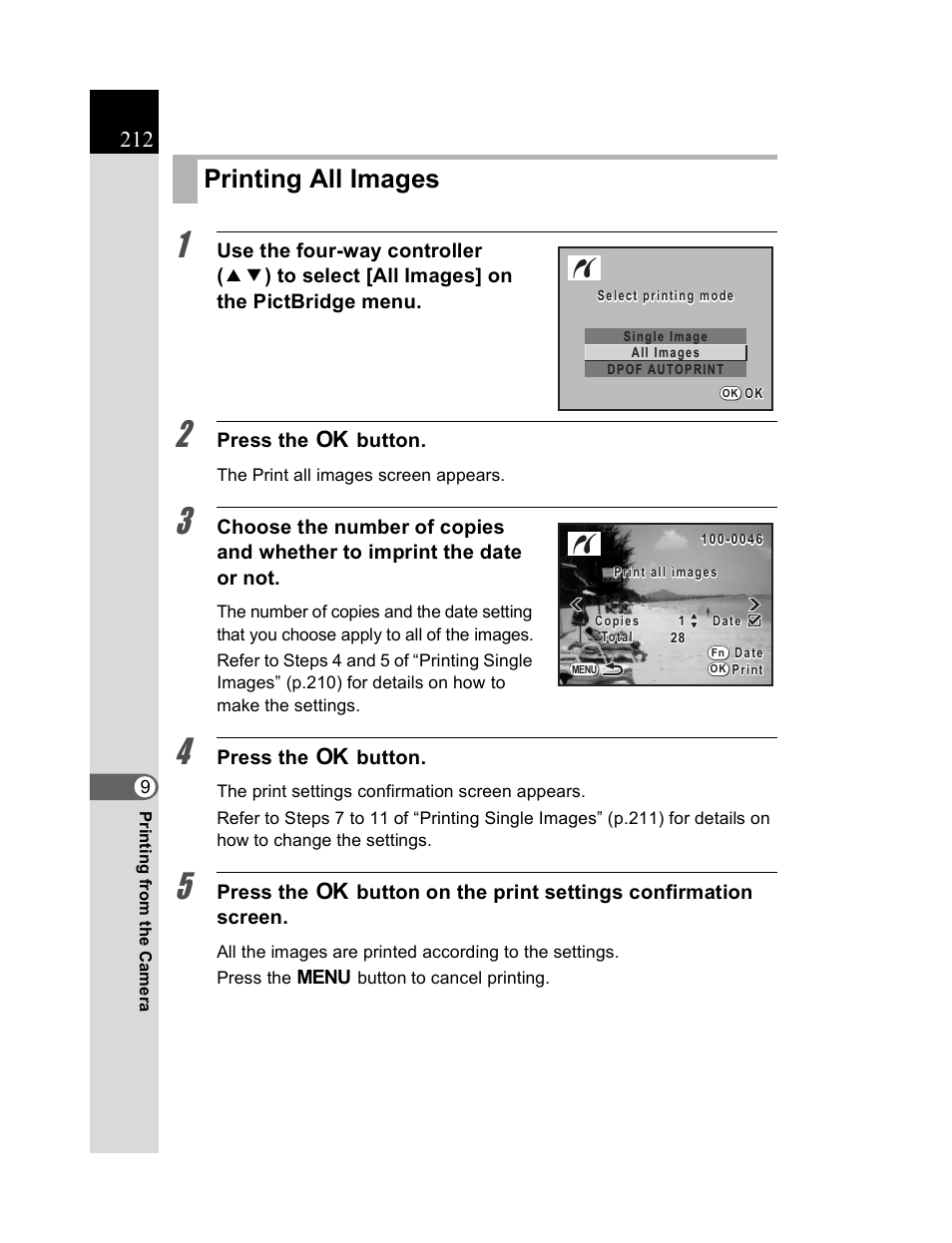 Printing all images | Pentax K20D User Manual | Page 213 / 286